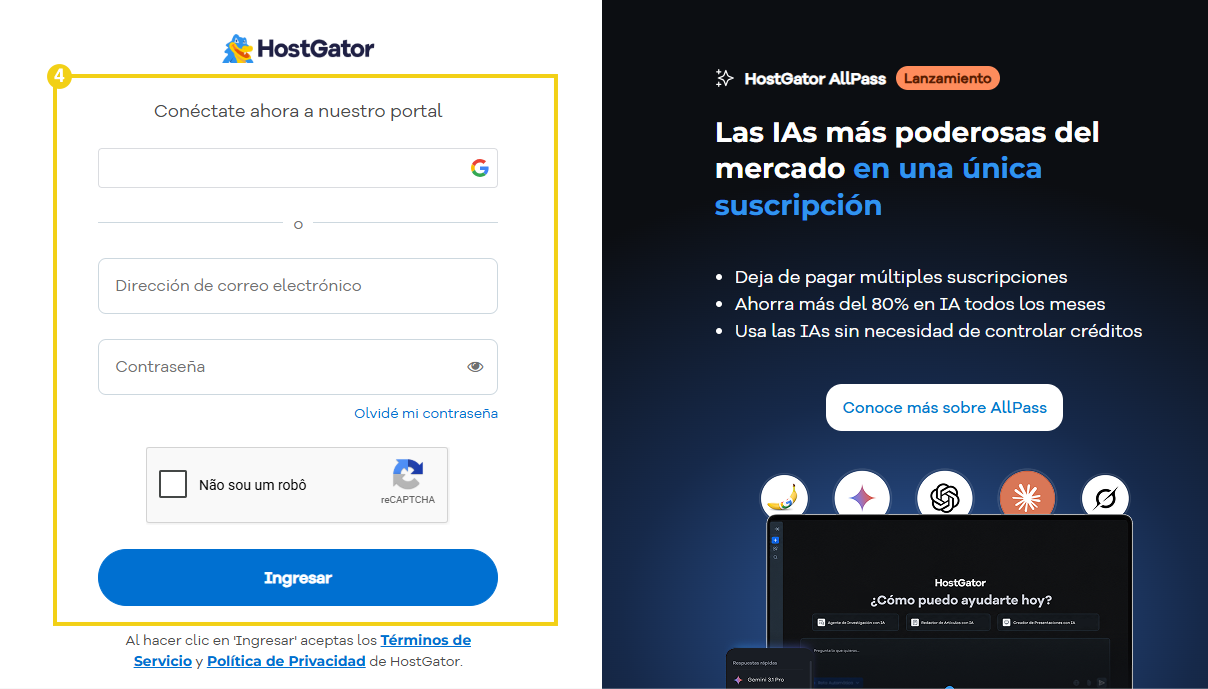 Pantalla de inicio de sesión del portal del cliente, que promueve el uso de plataformas de alojamiento web como HostGator.