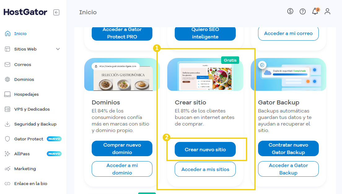 Crear nuevo sitio destacado en amarillo en el Portal del Cliente HostGator
