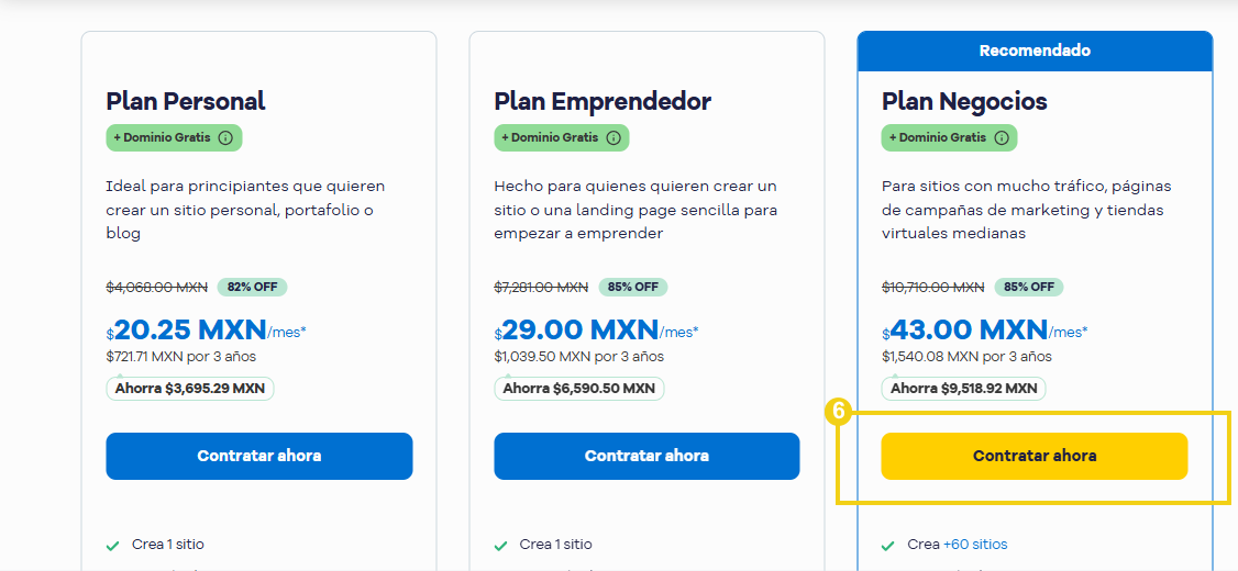Sitio HostGator — pantalla de planes de hosting con el botón "Comenzar ahora" en destaque