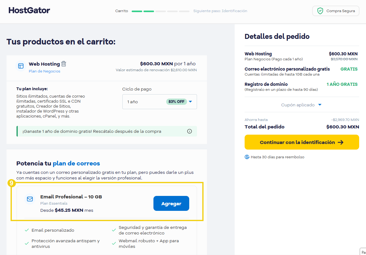 Carrito de compras — opción para agregar correo Titan profesional en destaque