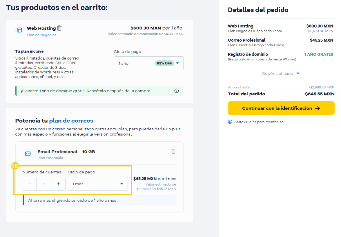 Carrito de compras — área "potencia tu plan de correos" con número de cuentas y ciclo de pago