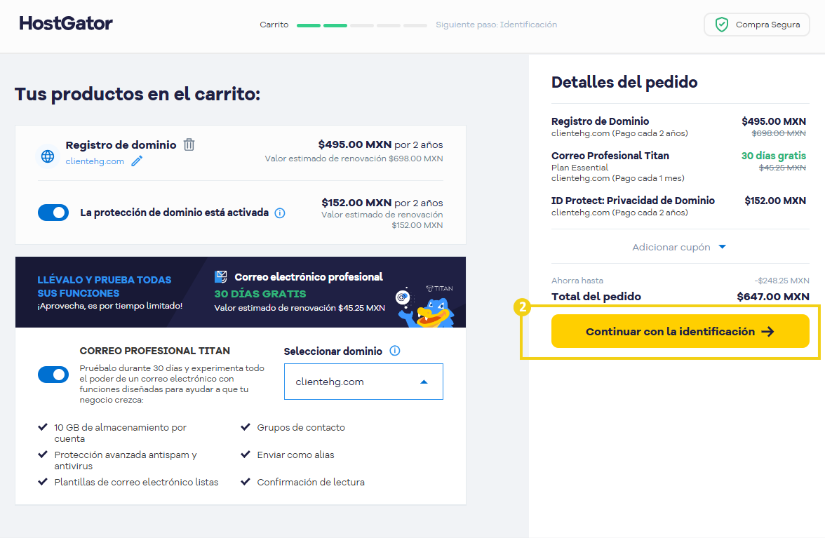Carrito de compras — pantalla previa a la conclusión del pedido con el botón "Continuar a identificación" en destaque