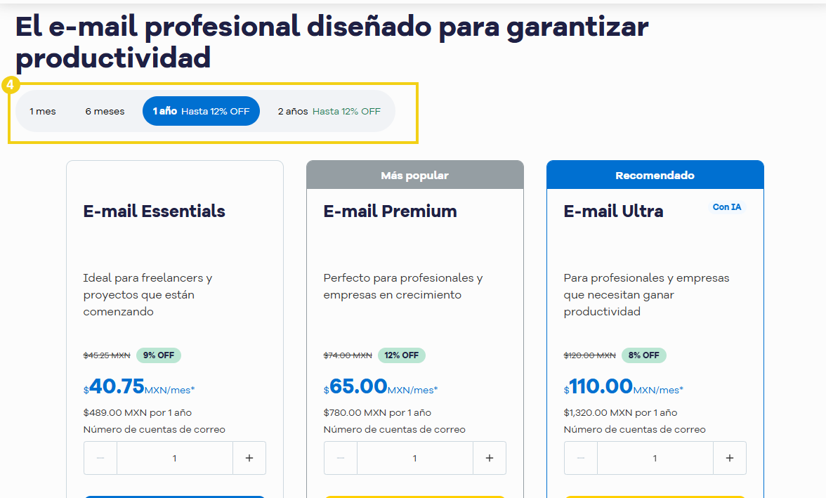 Pantalla de selección del período de contratación del producto