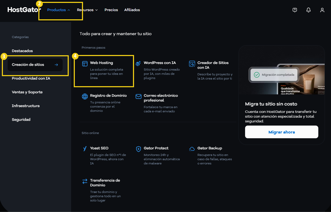 Sitio HostGator — menú superior con la opción Productos en destaque