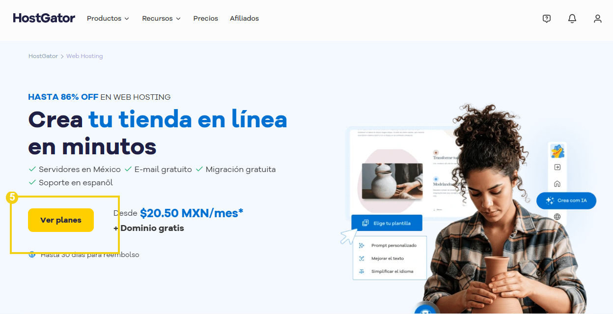 Sitio HostGator — pantalla de planes de hosting con el botón "Comenzar ahora" en destaque