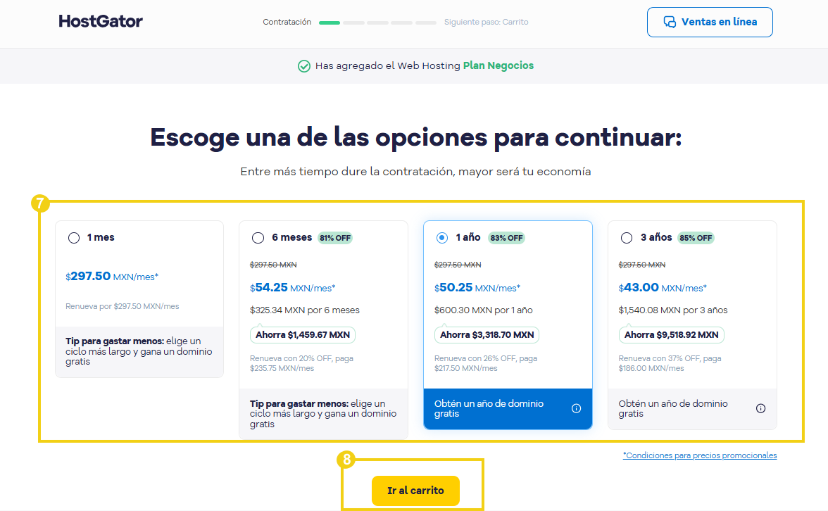 Sitio HostGator — pantalla de opciones de suscripción con el botón "Continuar al carrito" en destaque