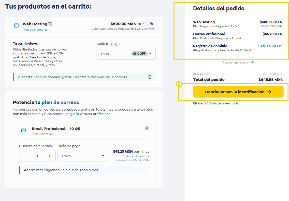 Checkout de compra de hosting compartido en HostGator — resumen del pedido y botón para continuar a identificación