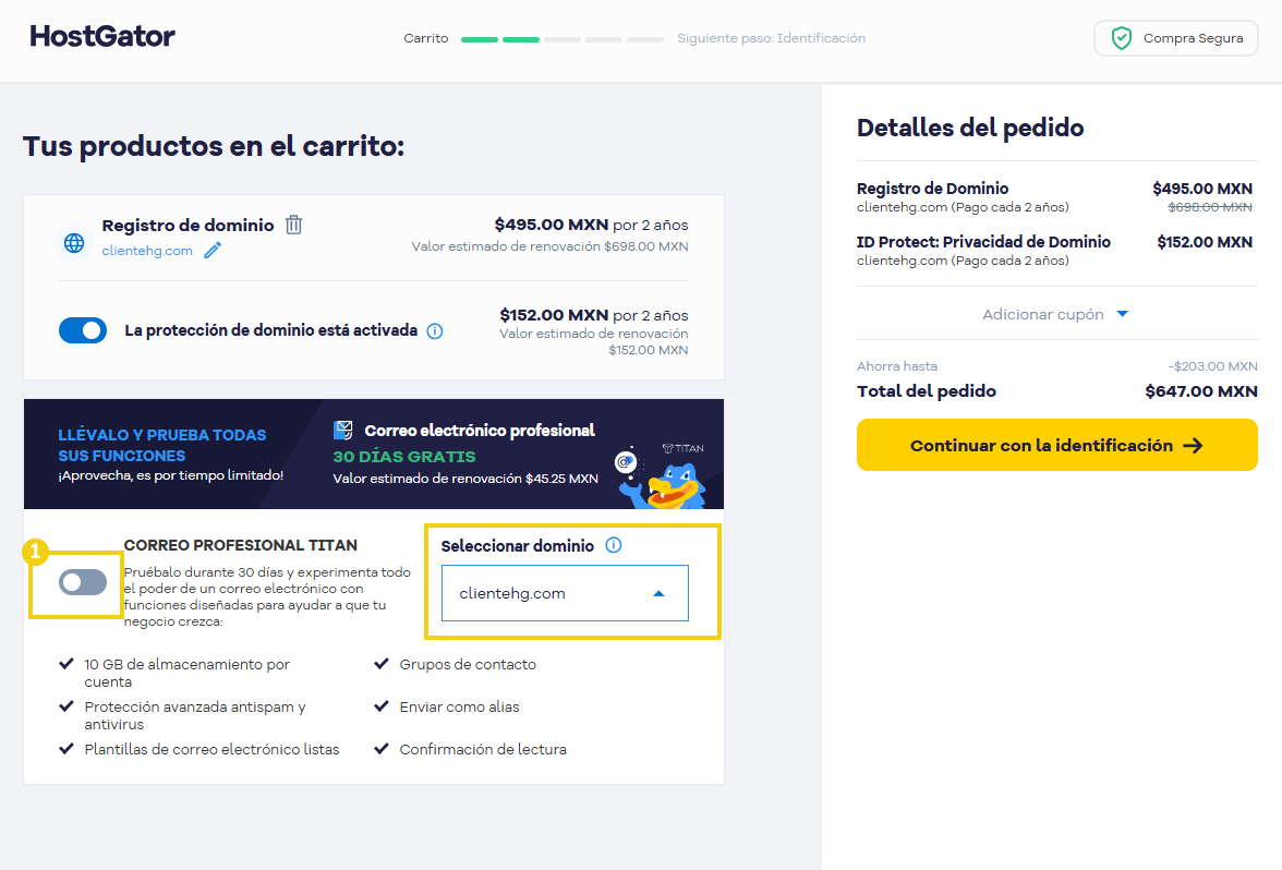 Carrito de compras — campo de activación del servicio "Titan Essentials" en destaque