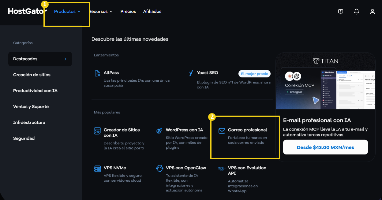 Sitio HostGator — sección Destacados con la opción Correo profesional en destaque