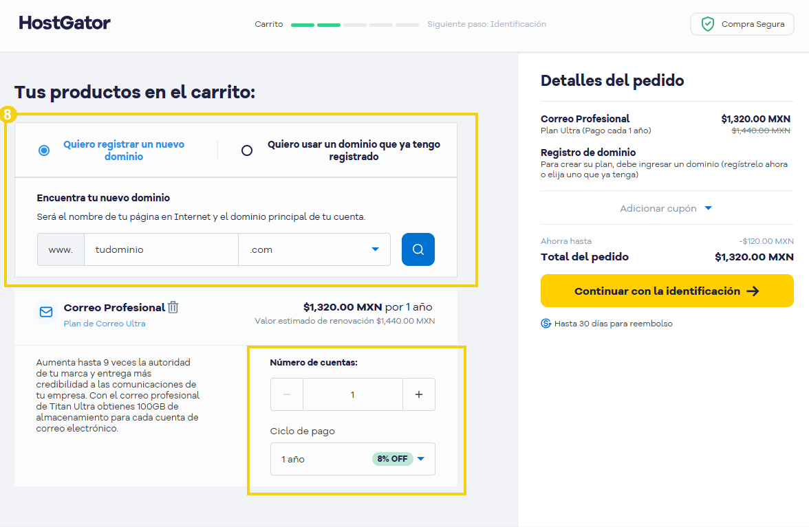 Carrito de compras — área para indicar el dominio, número de cuentas y ciclo de pago en destaque