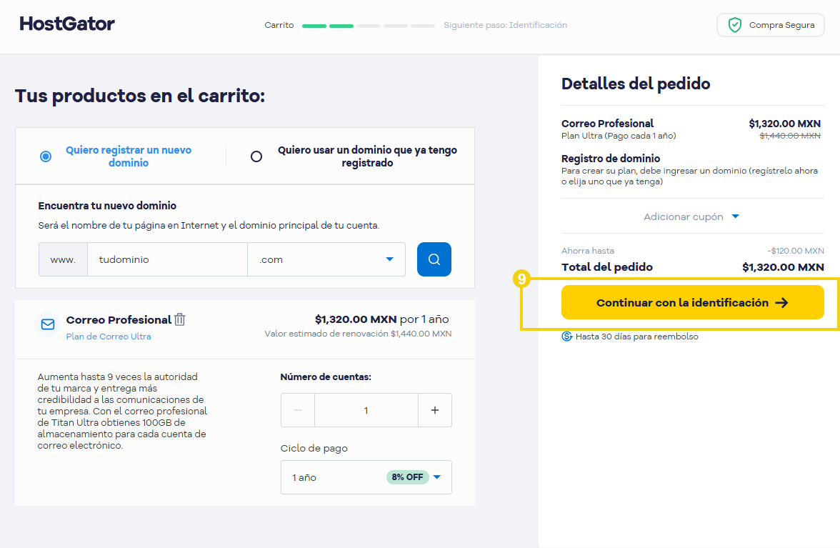 Sitio HostGator — proceso de registro de dominio y pago para crear un sitio