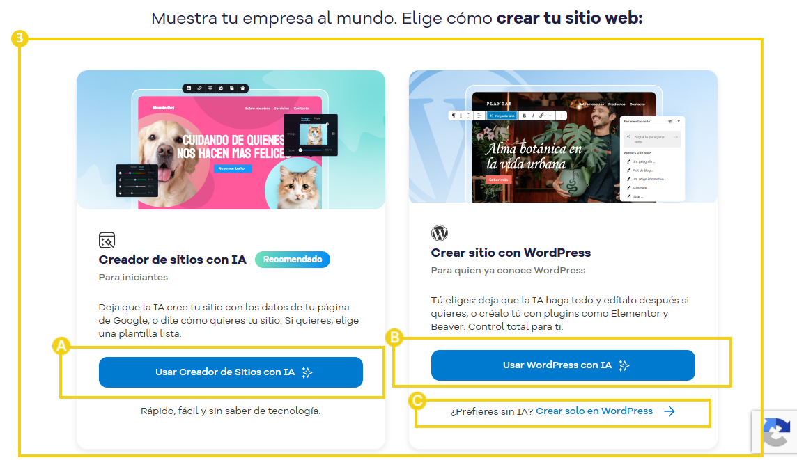 Imagen que muestra la página "Muestra tu empresa al mundo, elige cómo crear tu sitio", con opciones para crear un sitio mediante Creador de Sitios con IA, WordPress con IA y creación manual de WordPress.
