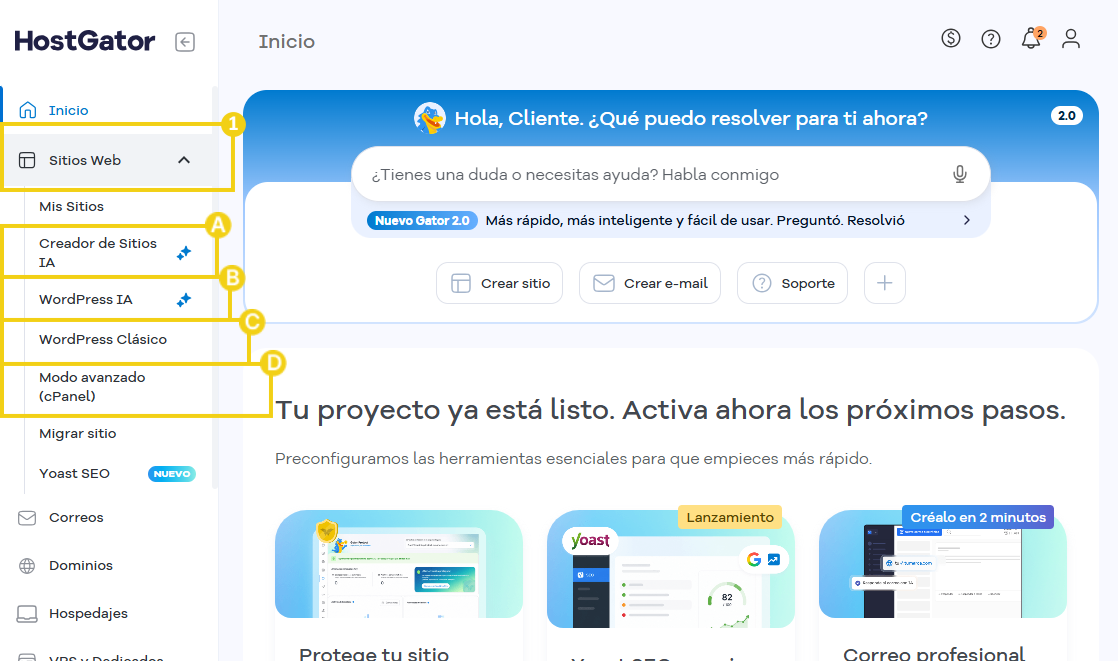 Imagen que muestra el Portal del Cliente de HostGator con el menú "Sitios" expandido y las opciones "Creador de Sitios IA", "WordPress IA", "WordPress clásico" y "Modo avanzado (cPanel)" resaltadas.