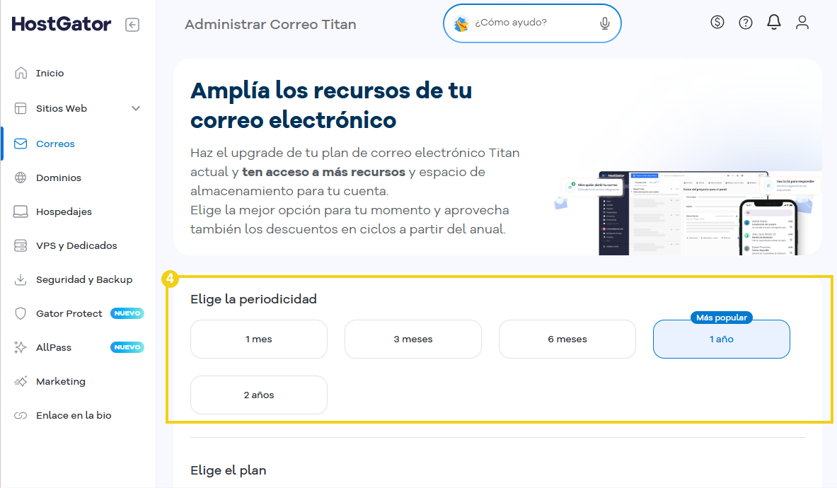Administrador de correos de HostGator con la sección "Planes disponibles".