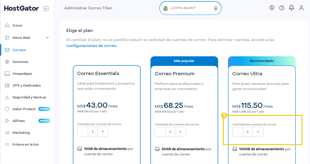 Campo para seleccionar la cantidad de cuentas de correo