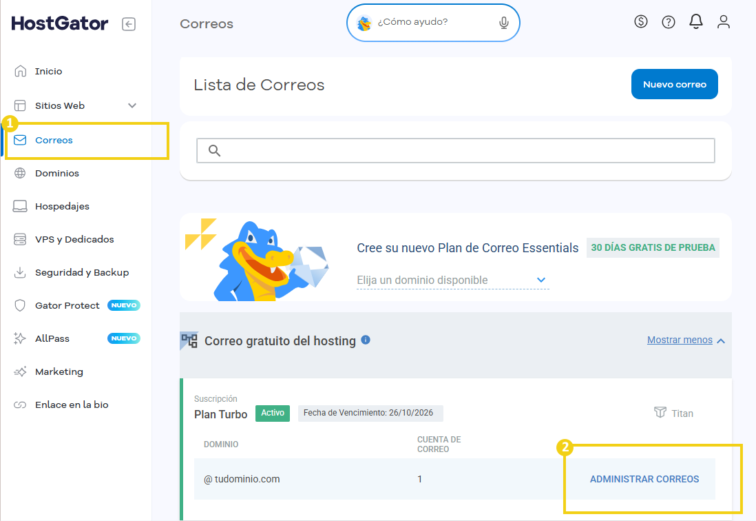 Portal del Cliente con la opción para administrar el correo Titan en destaque