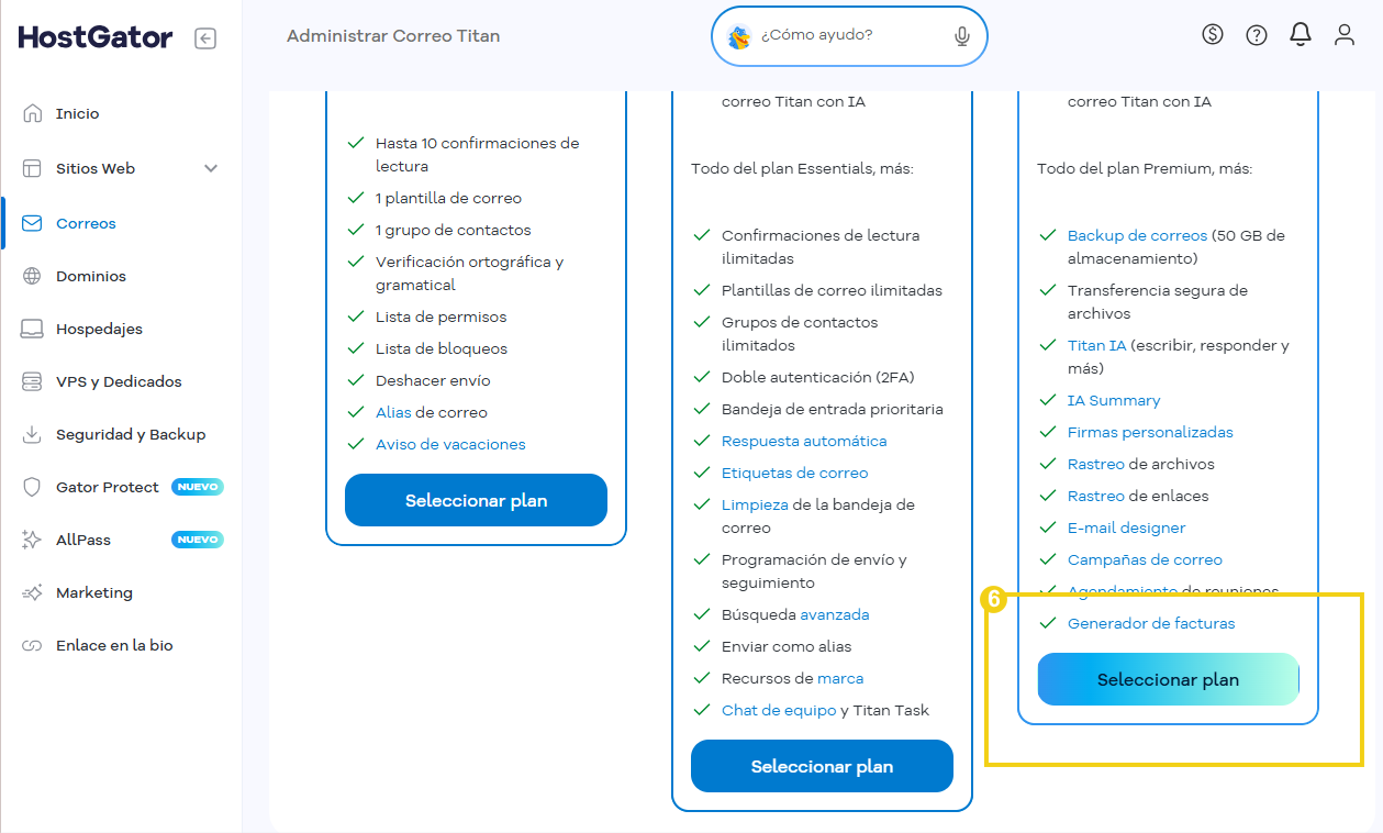Pantalla con la opción "Seleccionar plan" en destaque