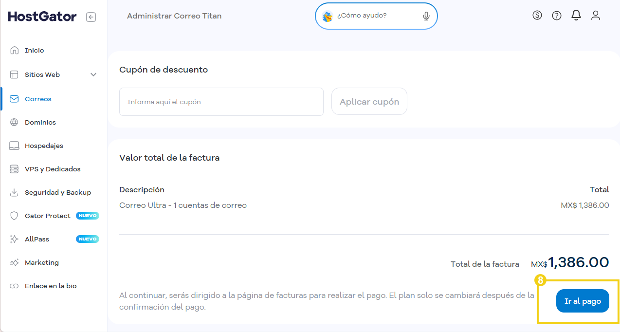 Pantalla con el botón Ir a pago en destaque