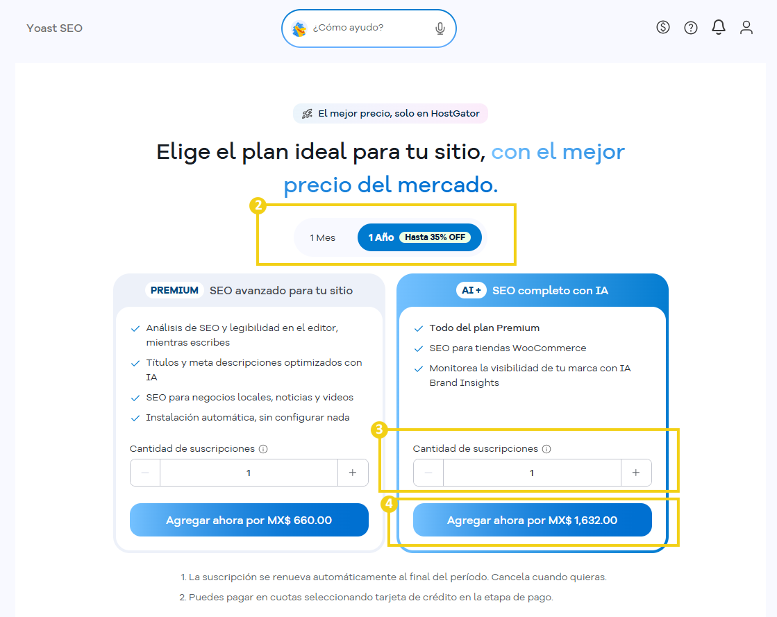 Portal del Cliente — página de Yoast SEO con las opciones de compra en destaque