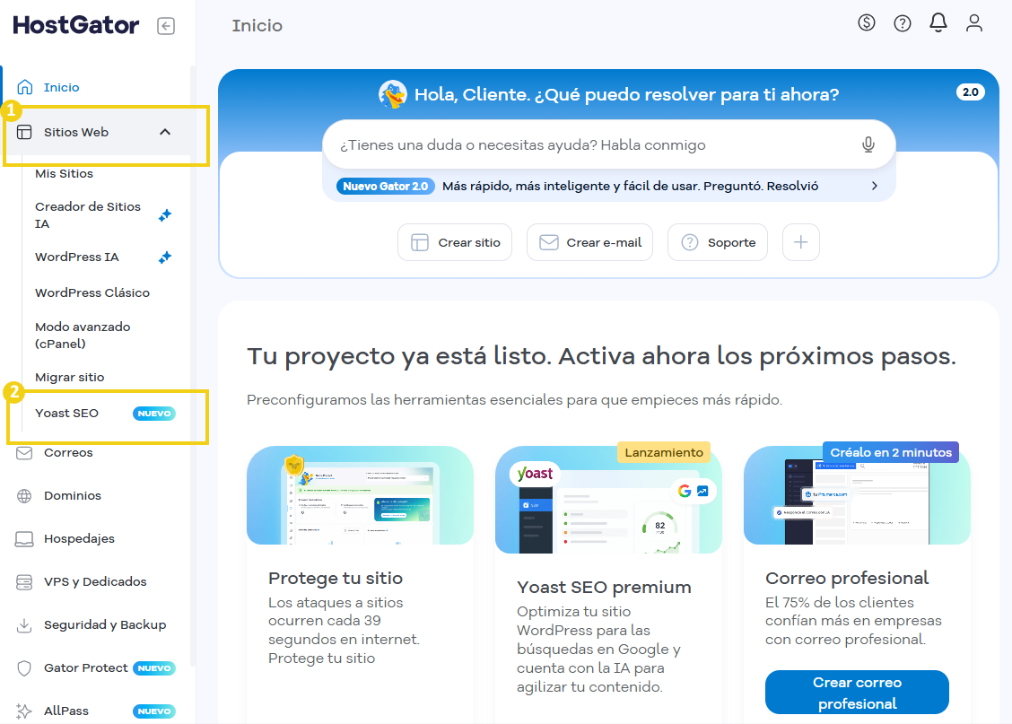 Portal del Cliente de HostGator — opción Yoast SEO en destaque