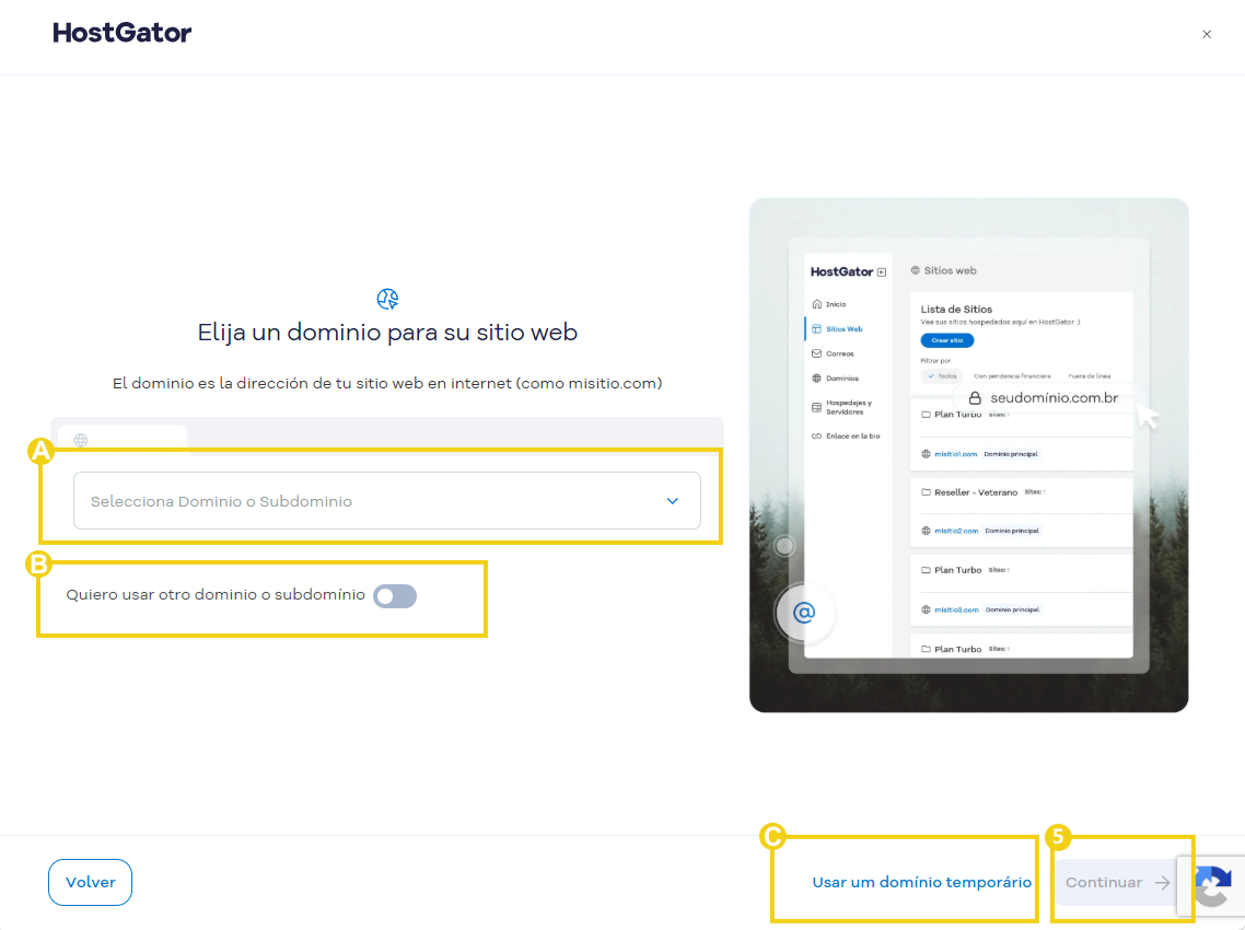 La imagen muestra la pantalla para elegir el dominio con el que se creará el sitio y la indicación en el botón "Continuar"