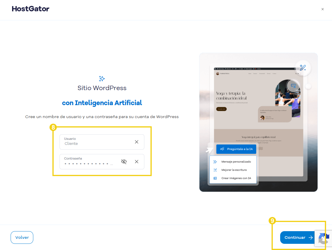 La imagen muestra la pantalla para crear el usuario y la contraseña de acceso a WordPress