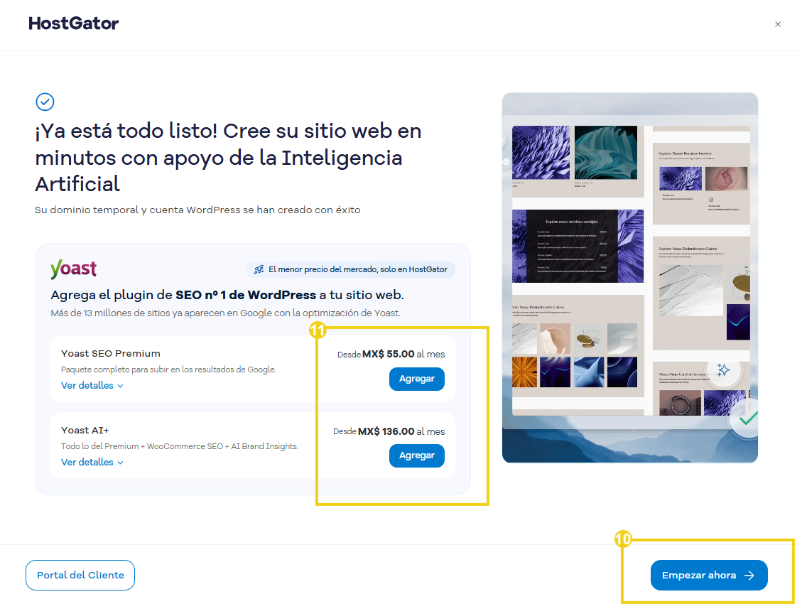 La imagen muestra la indicación en los botones para contratar uno de los paquetes Yoast