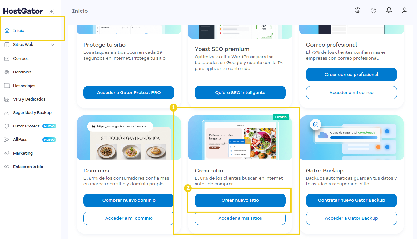 La imagen muestra la pantalla del Portal del Cliente con la indicación en el botón "Crear sitio"