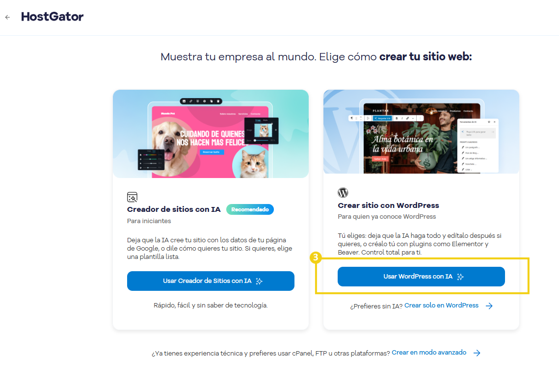 La imagen muestra la pantalla del Portal del Cliente con la indicación en el botón "Usar WordPress con IA"