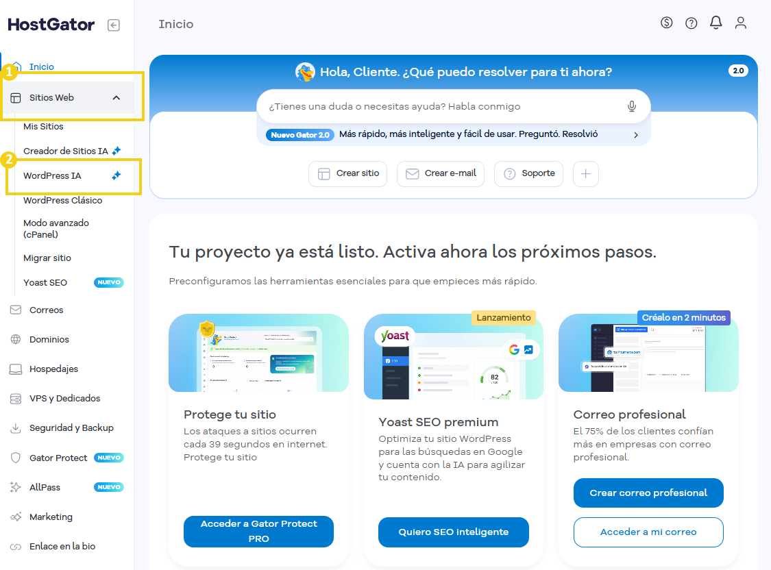 Imagen del menú lateral del Portal del Cliente, con las opciones para la creación de sitios