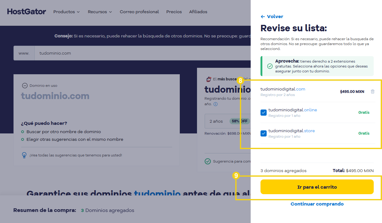 Demostración de la compra de un dominio en el sitio de HostGator, con énfasis en las opciones de registro y planes de pago.