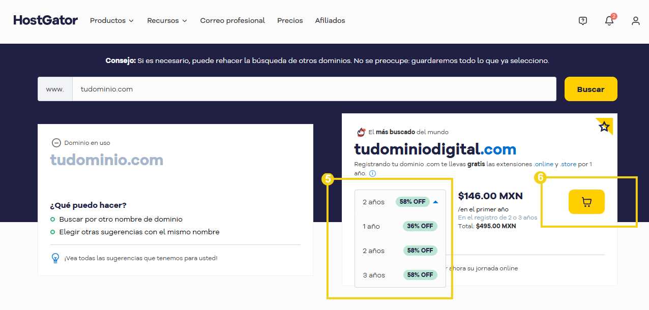 Opciones de planes de dominio en el sitio tudominio.com, con descuentos y condiciones especiales, destacando la importancia de asegurar tu dominio antes que otra persona.