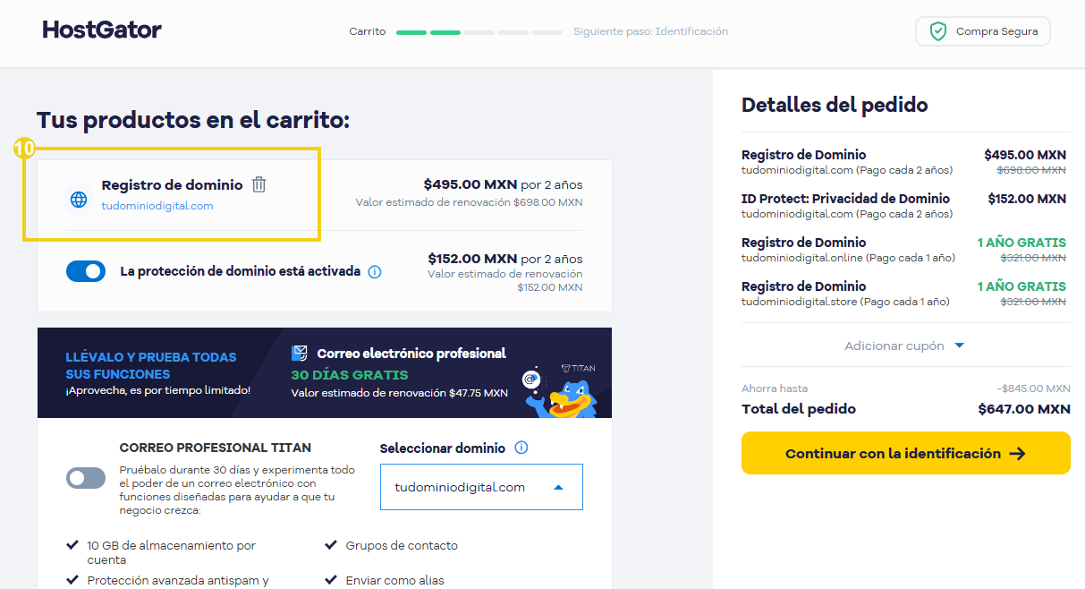 Página de pago de HostGator mostrando la compra de un dominio con opciones de validación y resumen del pedido.