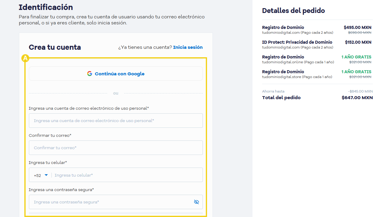 Pantalla de creación de cuenta en HostGator mostrando opciones de registro, inicio de sesión y planes de hospedaje, destacando la facilidad de uso para nuevos usuarios.