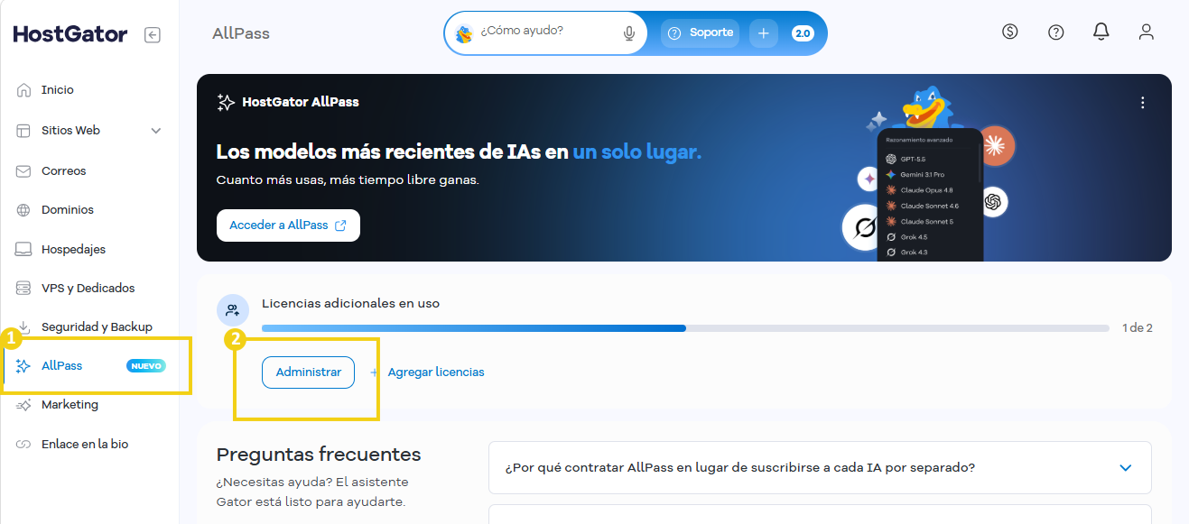 Portal del Cliente — menú lateral con la opción AllPass y el botón Gestionar destacados
