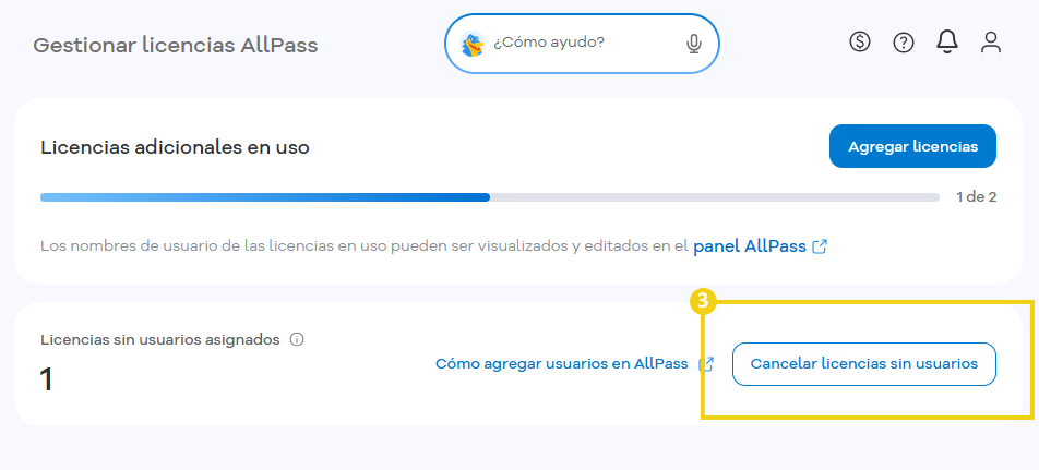 AllPass — pantalla Gestionar licencias con el botón Cancelar licencias sin usuarios destacado
