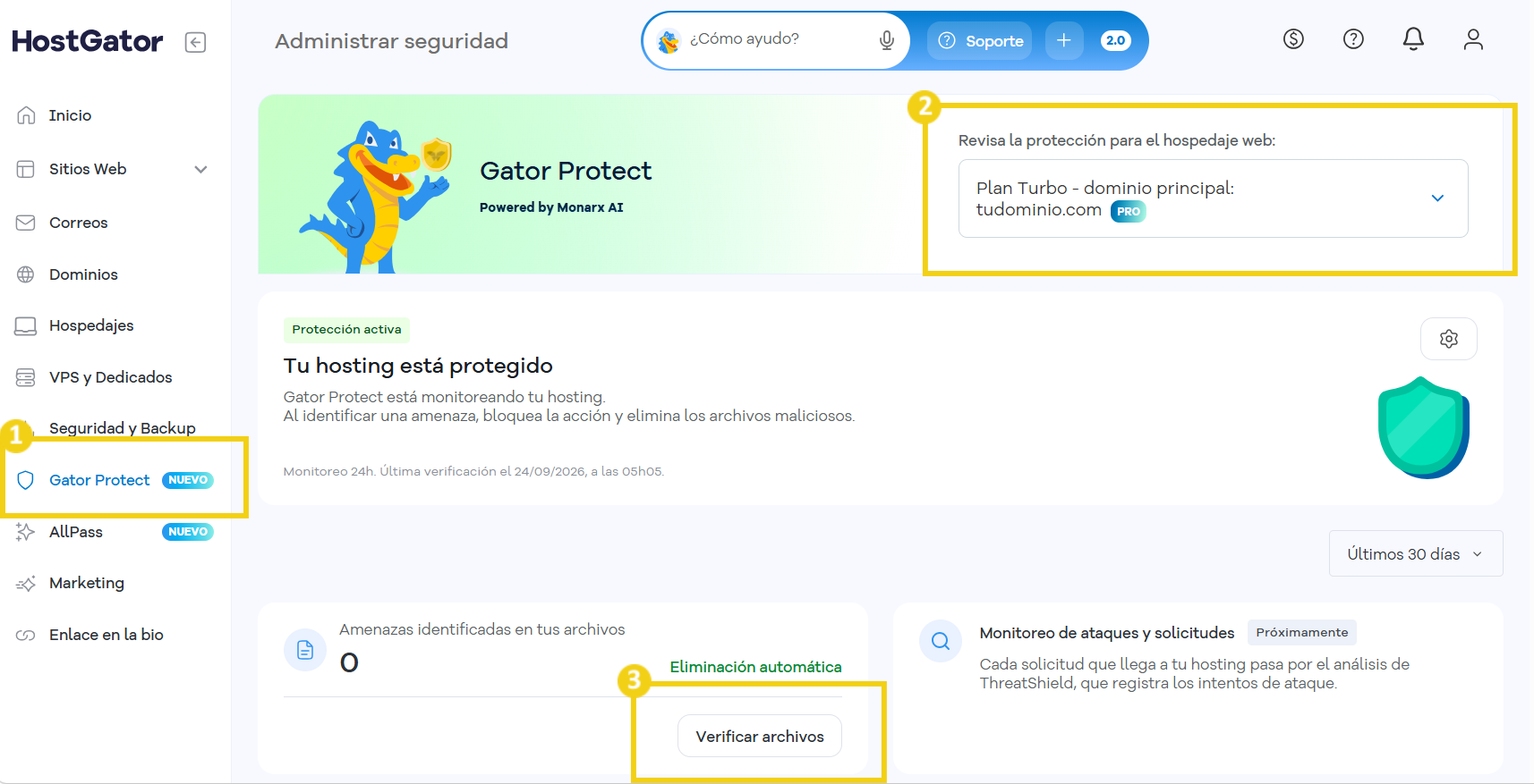 Portal del Cliente — Gator Protect con el selector de plan de hosting resaltado