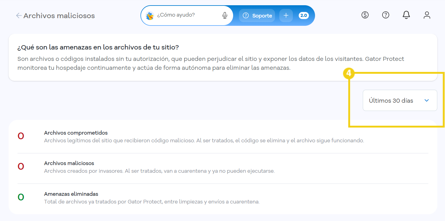 Gator Protect — pantalla Amenazas en archivos con gráfico, indicadores y filtro Últimos 30 días resaltado