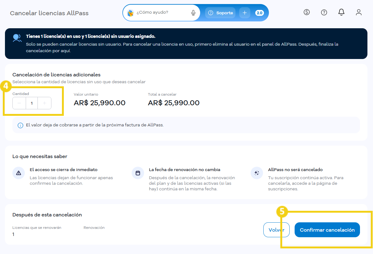 AllPass — pantalla de cancelación con la cantidad de licencias y el botón Confirmar cancelación destacados