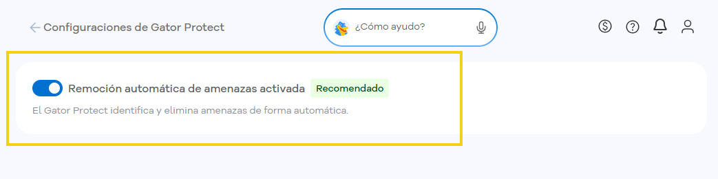 Pantalla de configuración de Gator Protect que destaca la opción Eliminación automática de amenazas, activada e identificada como recomendada. La descripción indica que Gator Protect identifica y elimina amenazas automáticamente.