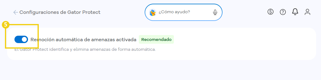 Pantalla de configuración de Gator Protect que destaca el botón de activación de la Eliminación automática de amenazas, que está activado.