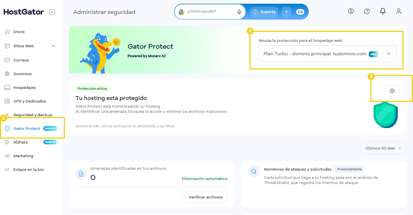 Pantalla del Portal del Cliente con Gator Protect seleccionado en el menú. La imagen destaca la opción Gator Protect, la selección del hospedaje protegido y el ícono de configuración del servicio.