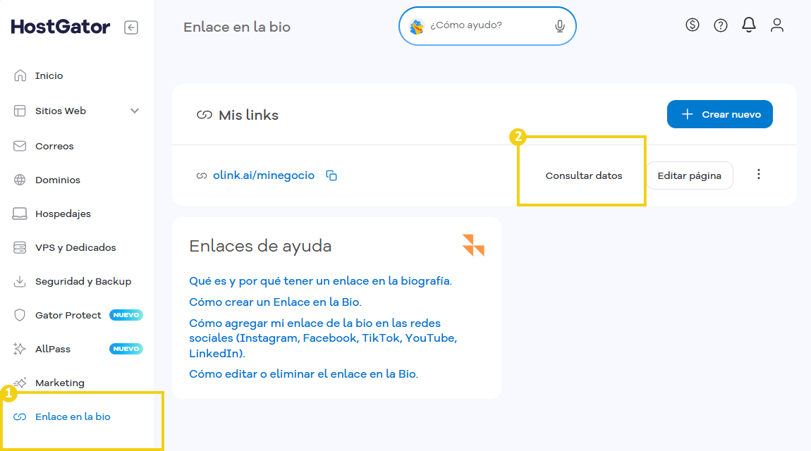 Portal del Cliente — pantalla Mis enlaces con las opciones "Enlace en la bio" y "Consultar datos" en destaque