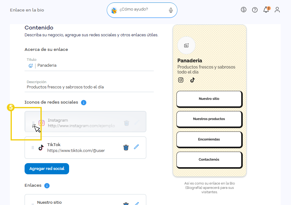 Enlace en la Bio — lista de enlaces con el ícono de 6 puntos para reordenar en destaque