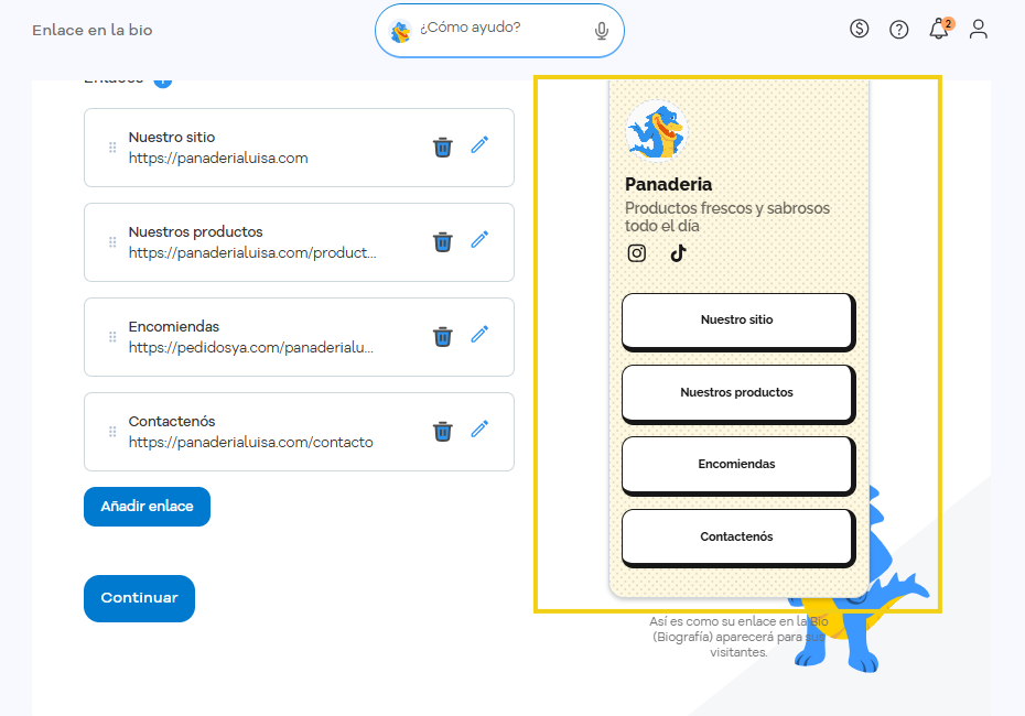 Enlace en la Bio — área de vista previa de la página en destaque