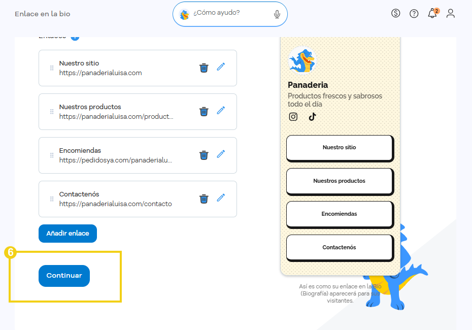 Enlace en la Bio — pantalla de edición con el botón Continuar en destaque