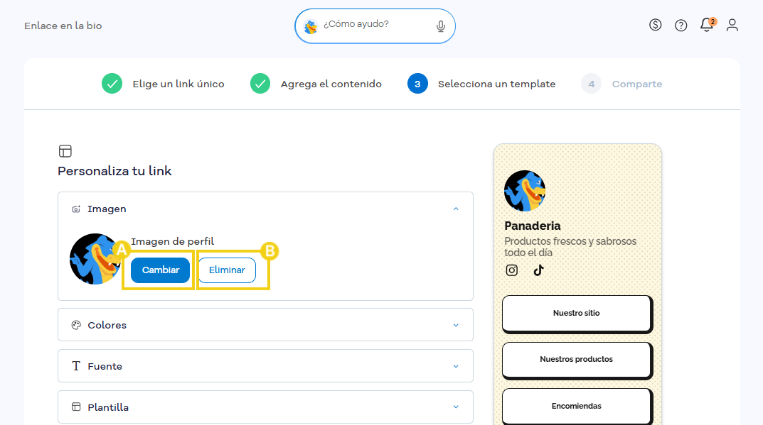 Enlace en la Bio — sección Imagen de perfil con las opciones Cambiar y Eliminar en destaque