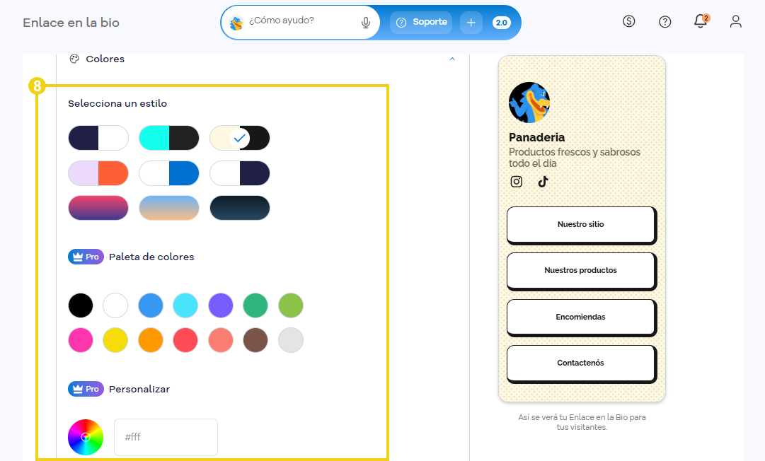 Enlace en la Bio — sección Colores con estilo, paleta de colores y código hexadecimal en destaque