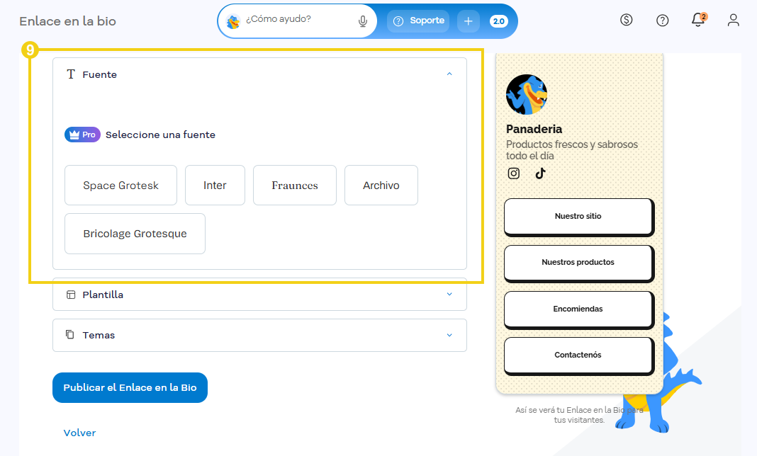 Enlace en la Bio — pestaña Fuente con las opciones de tipografía disponibles en destaque