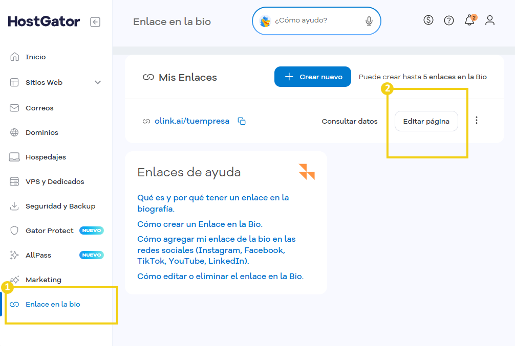 Portal del Cliente — página Enlace en la Bio con el botón Editar página en destaque